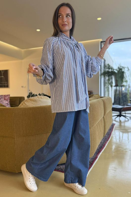 Nantucket Stripe Tie Neck Blouse Dark Denim